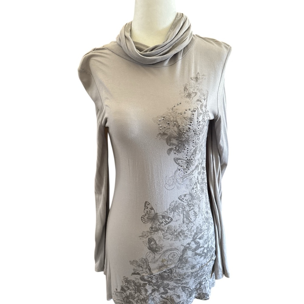 Vitrin design sample Light Taupe Cowl Neck Sweater, Butterfly Print, worn once